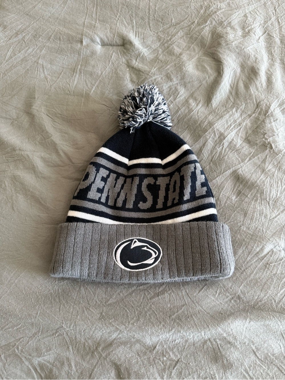 Kids Pom Beanie Hat in Navy and Gray